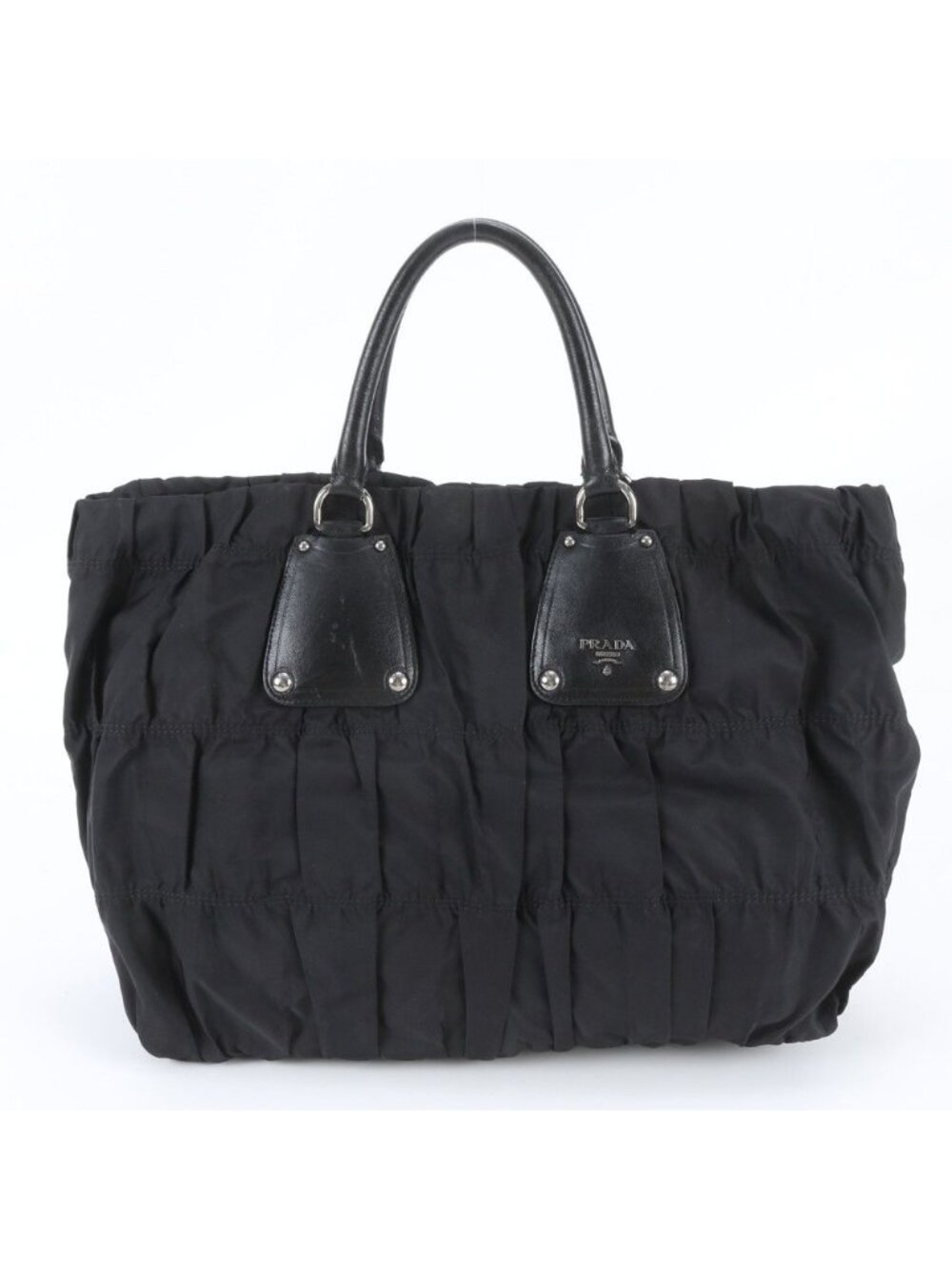 Prada Tessuto Nylon White Tag Gathered Leather Tote Bag Shoulder
